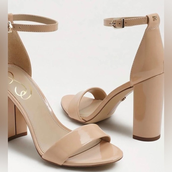 NIB Sam Edelman Yaro Ankle Strap Block Heel Sandals in Patent Beige Blush - Picture 3 of 13